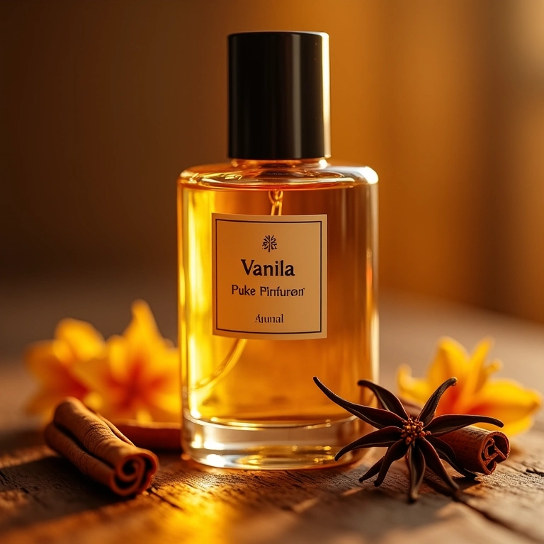 Frasco de perfume de baunilha com especiarias exóticas.