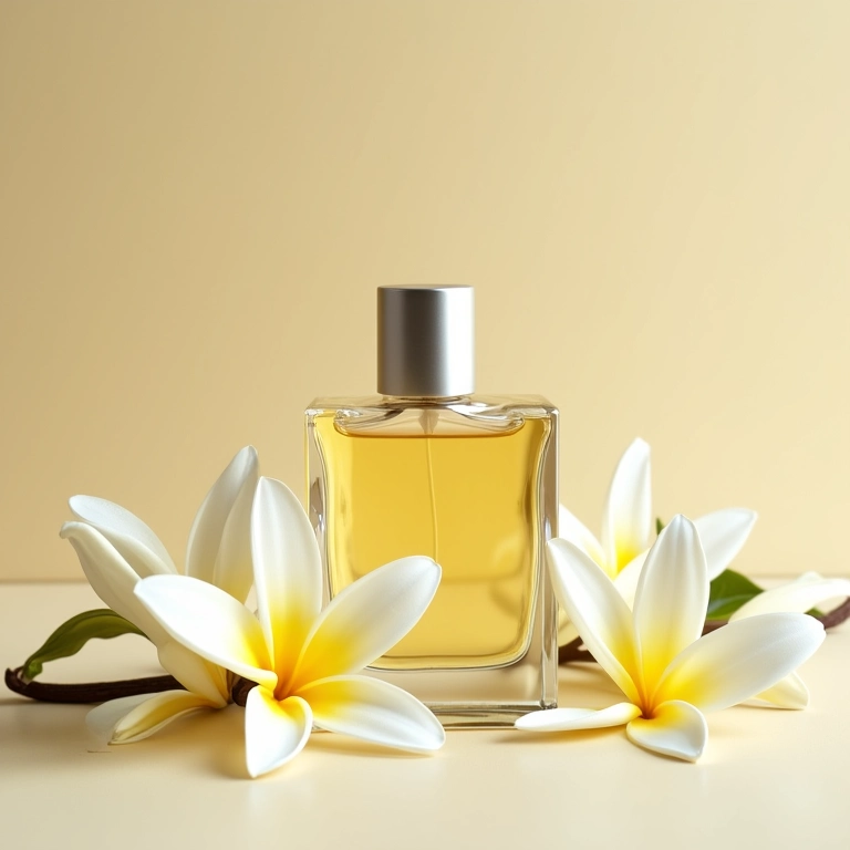 Frasco de perfume de baunilha com flores brancas.