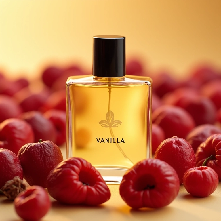 Frasco de perfume de baunilha com frutas vermelhas frescas.
