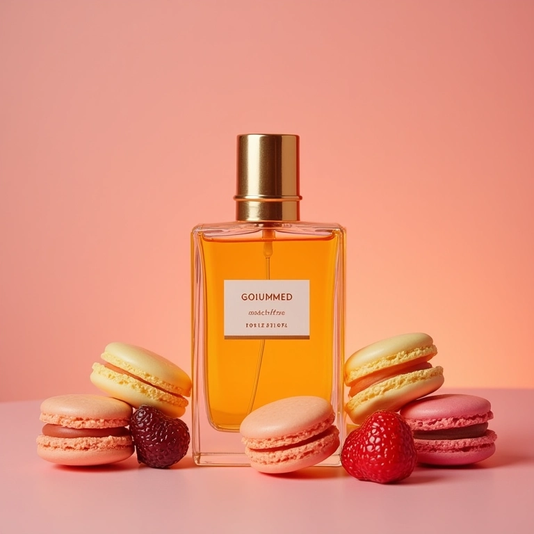 Frasco de perfume gourmand cercado por doces e sobremesas.