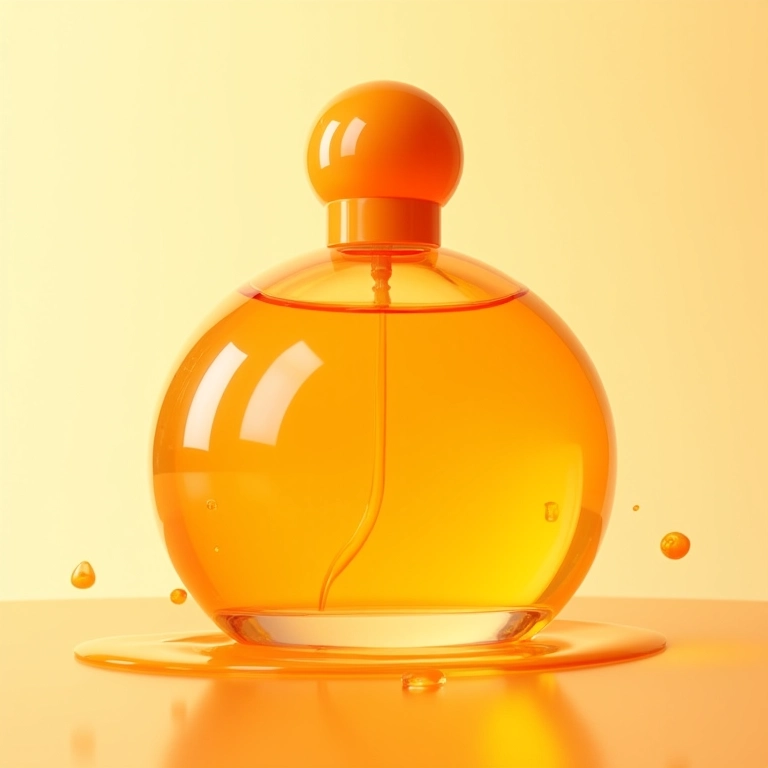 Frasco de perfume laranja com respingos de suco.