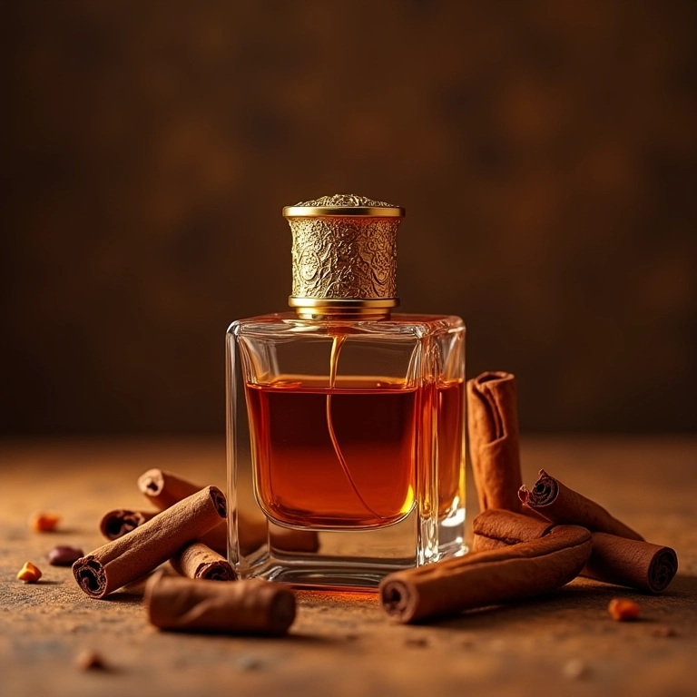 Frasco de perfume oriental com especiarias e detalhes dourados.