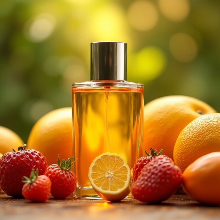 Frasco de perfume rodeado por frutas frescas.