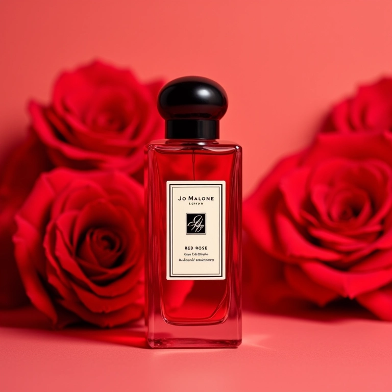 Frasco de Red Roses de Jo Malone London com fundo de rosas vermelhas.