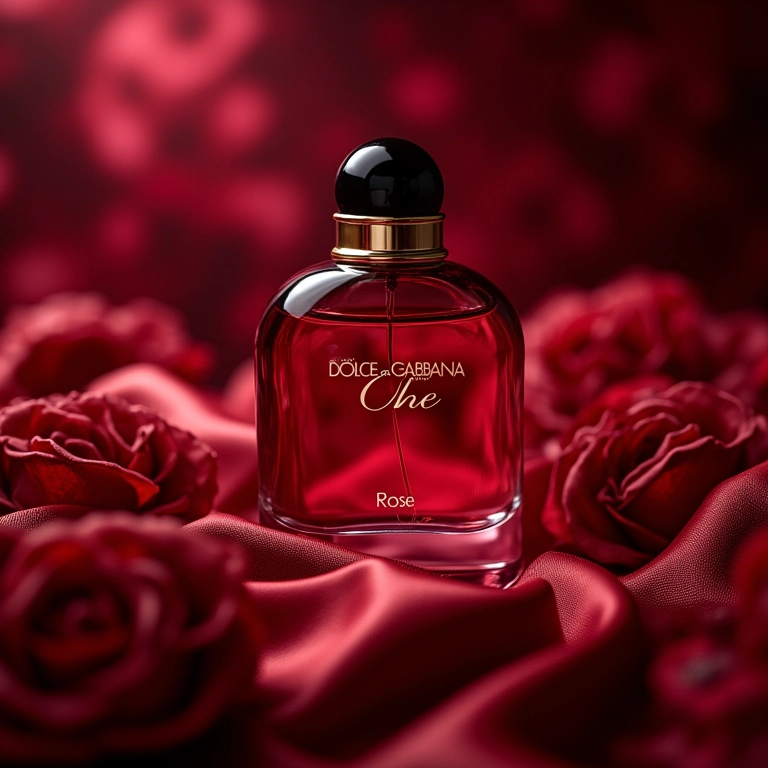 Frasco de Rose The One de Dolce & Gabbana sobre lenço de seda com rosas.