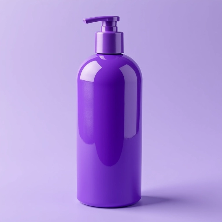 Frasco de shampoo matizador roxo.
