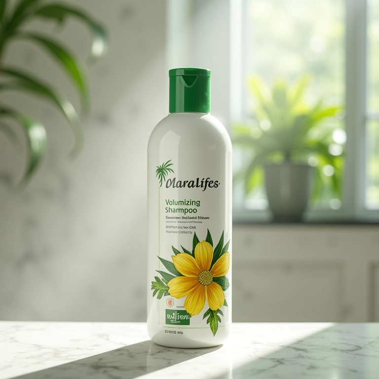 Frasco de shampoo volumizador em um banheiro.