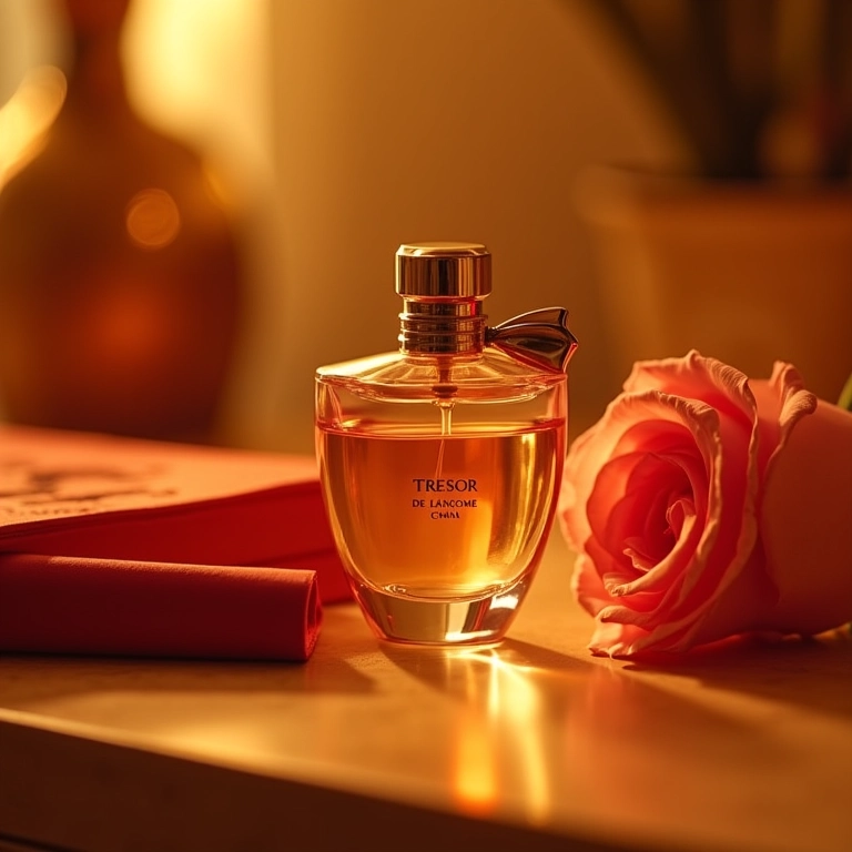 Frasco de Trésor de Lancôme em penteadeira com rosa.