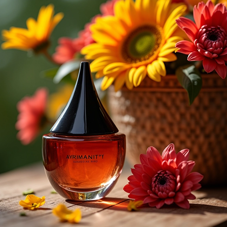 Frasco de Womanity ao lado de flores e cesto artesanal.