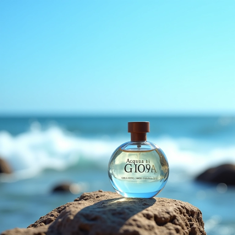 Frasco do perfume Acqua di Gioia de Giorgio Armani em uma rocha na praia.