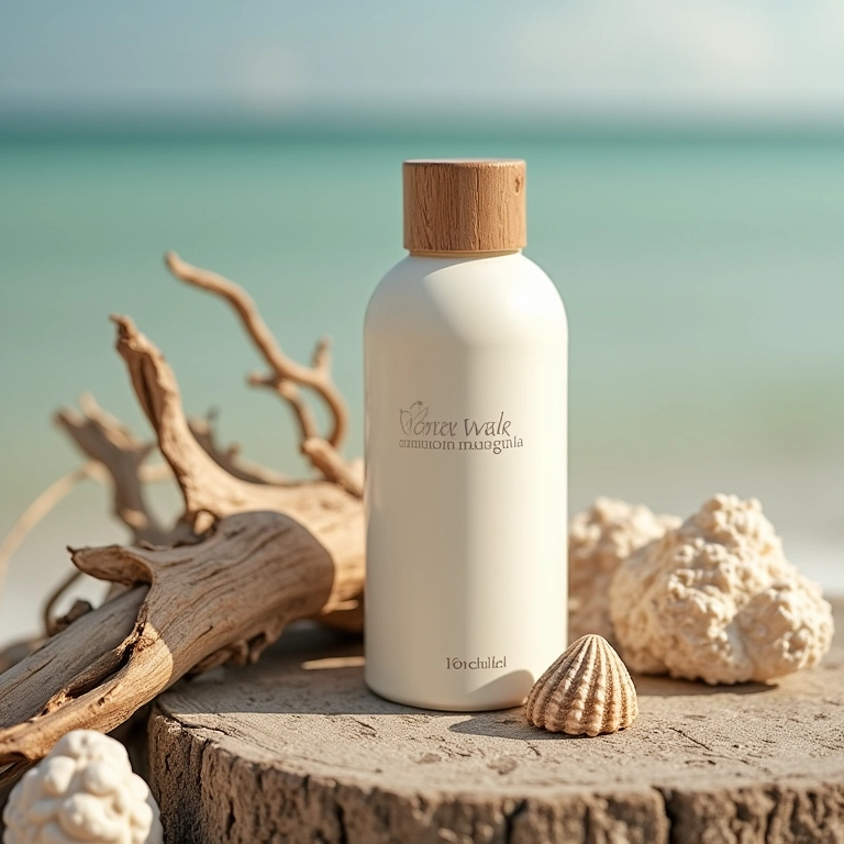 Frasco do perfume Beach Walk Maison Margiela em madeira com conchas.