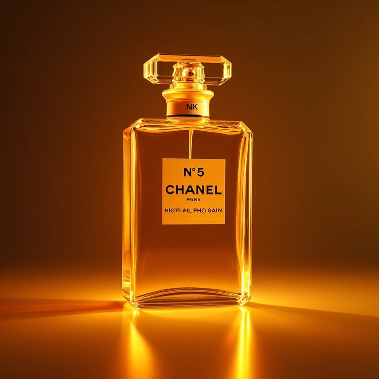 Frasco do perfume Chanel Nº 5 com reflexos dourados.