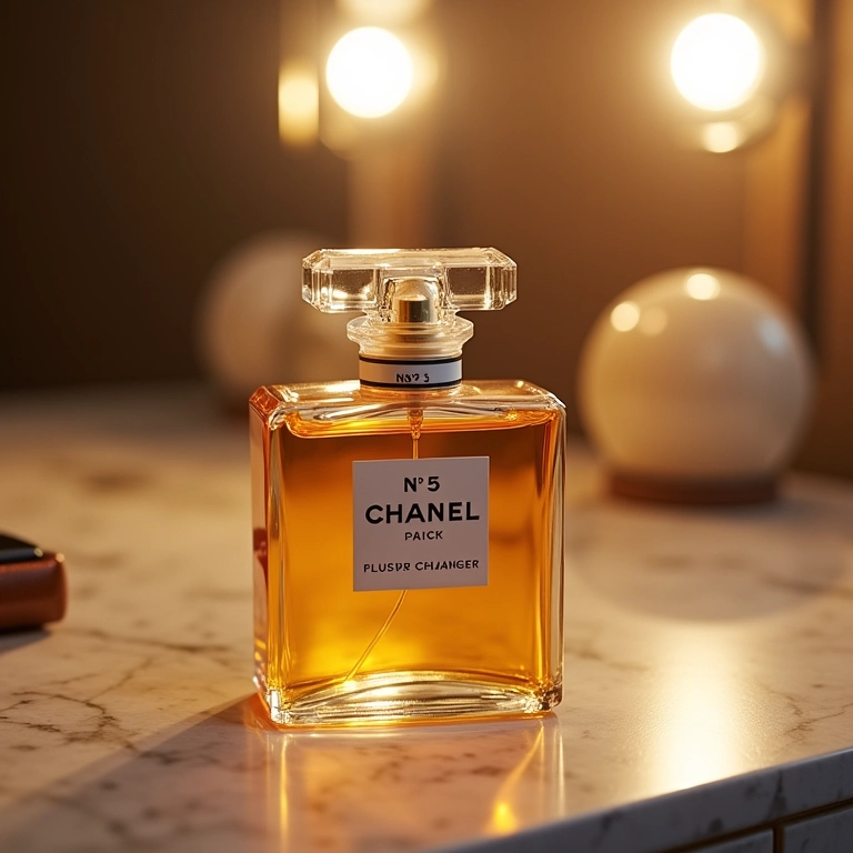 Frasco do perfume Chanel No. 5 em uma penteadeira.