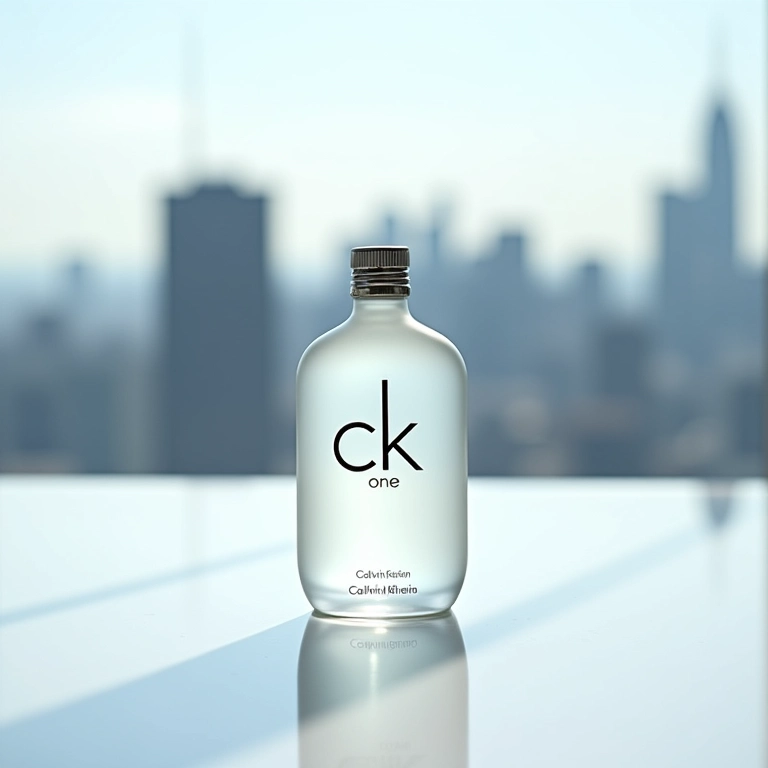 Frasco do perfume CK One de Calvin Klein em uma mesa branca.