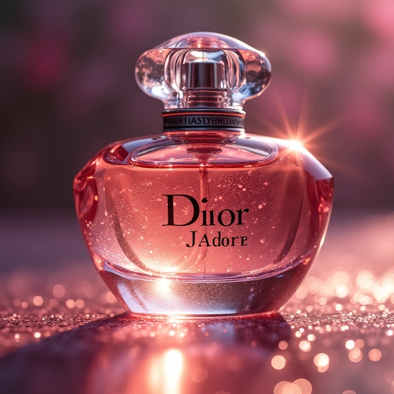 Frasco do perfume Dior J'adore brilhando com a luz.