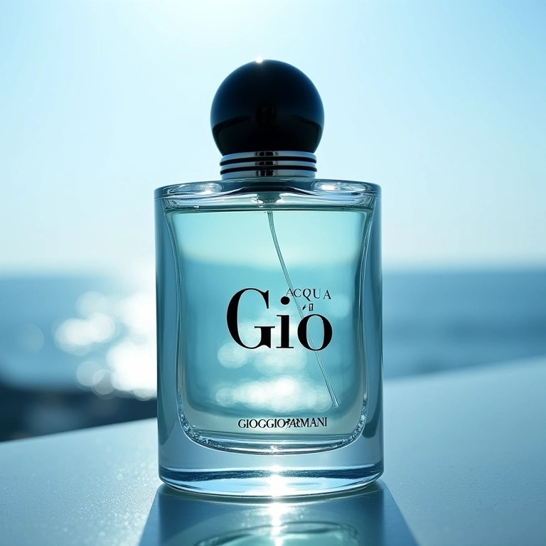 Frasco do perfume Giorgio Armani Acqua di Gio com fundo de oceano.