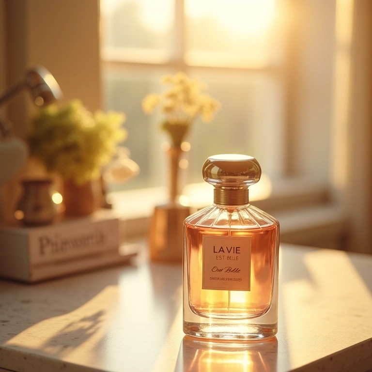 Frasco do perfume La Vie Est Belle em uma penteadeira iluminada.