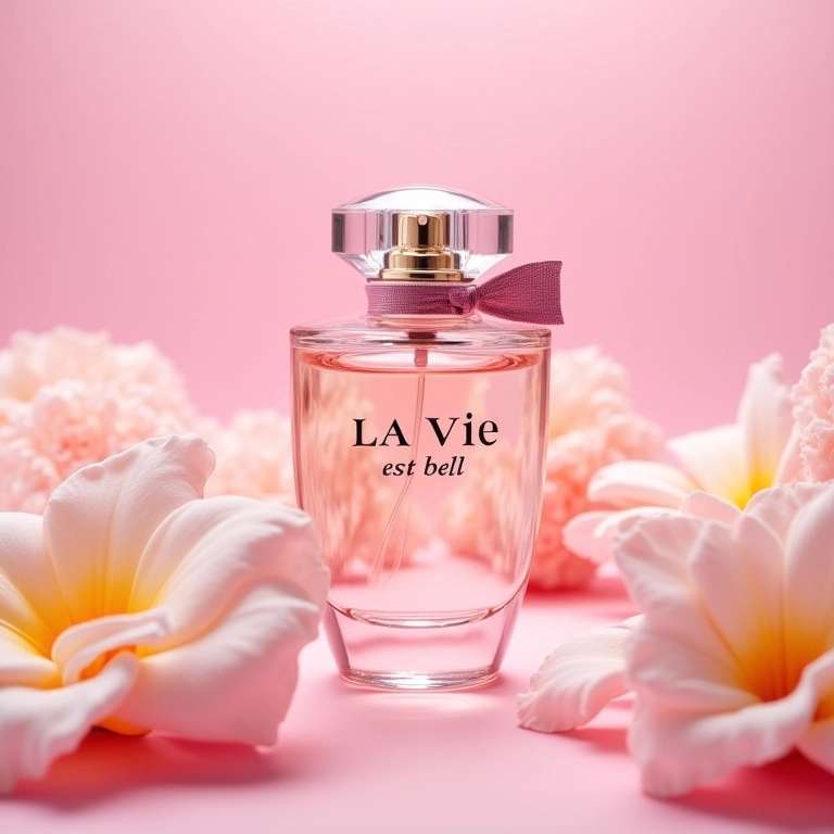 Frasco do perfume Lancôme La Vie Est Belle entre flores de açúcar.