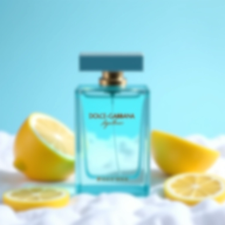 Frasco do perfume Light Blue de Dolce & Gabbana sobre linho branco.