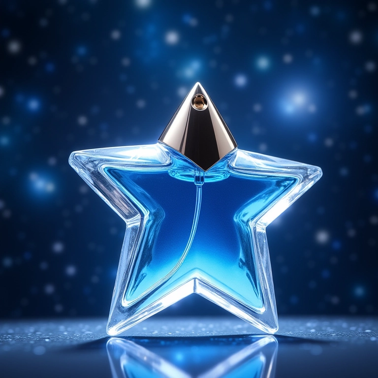Frasco do perfume Thierry Mugler Angel em formato de estrela com fundo cósmico.