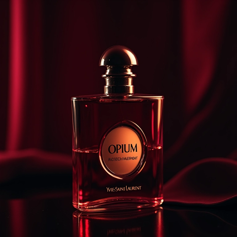Frasco do perfume Yves Saint Laurent Opium em cenário exótico.