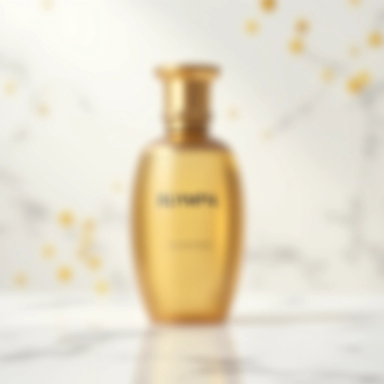 Frasco dourado do perfume Olympéa sobre um fundo de mármore branco.