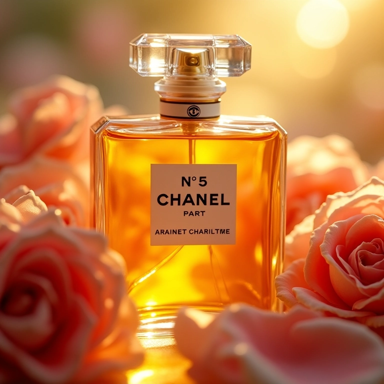 Frasco vintage do Chanel Nº 5 com pétalas de rosa e jasmim ao redor.