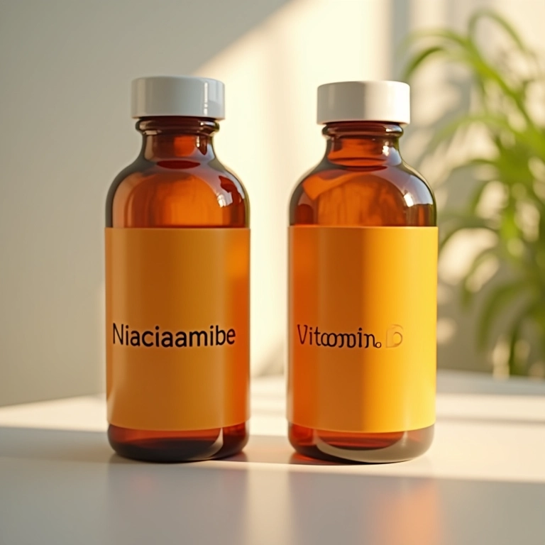 Frascos de Niacinamida e Vitamina C lado a lado.