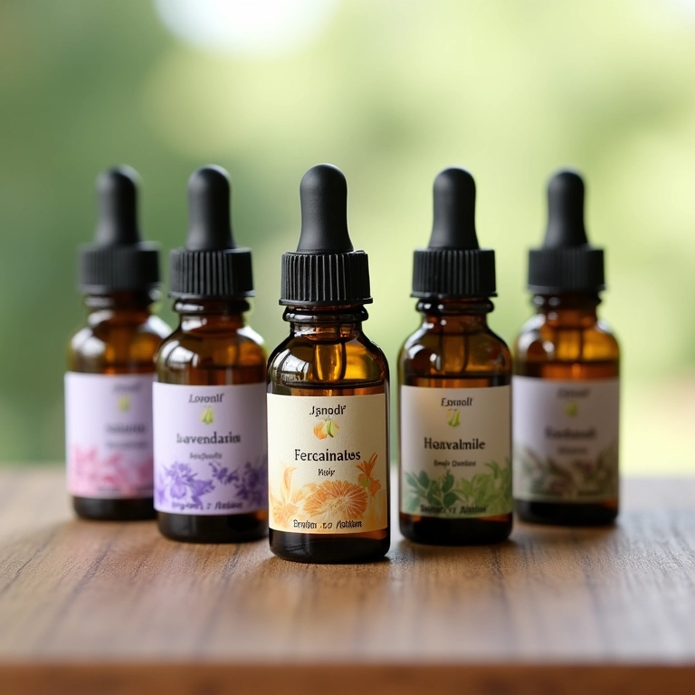 Frascos de óleos essenciais de lavanda, camomila e eucalipto com rótulos.