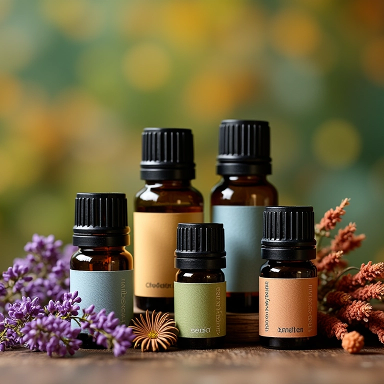 Frascos de óleos essenciais e fragrâncias para velas aromáticas.