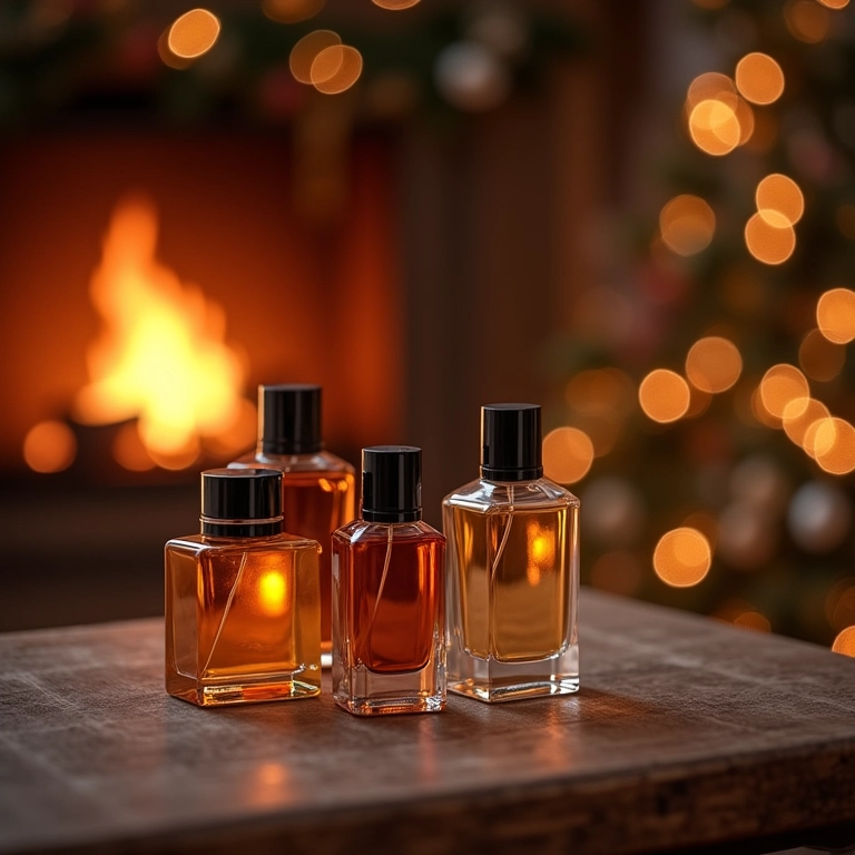 Frascos de perfume em mesa de madeira com lareira ao fundo, evocando aconchego no inverno.