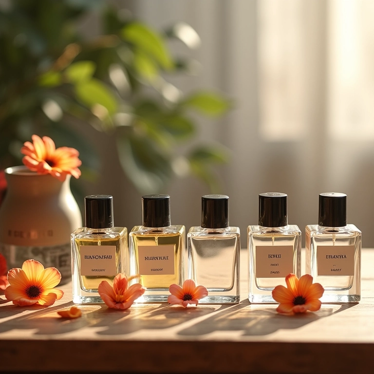 Frascos de perfume organizados por famílias olfativas sobre uma mesa de madeira com flores.
