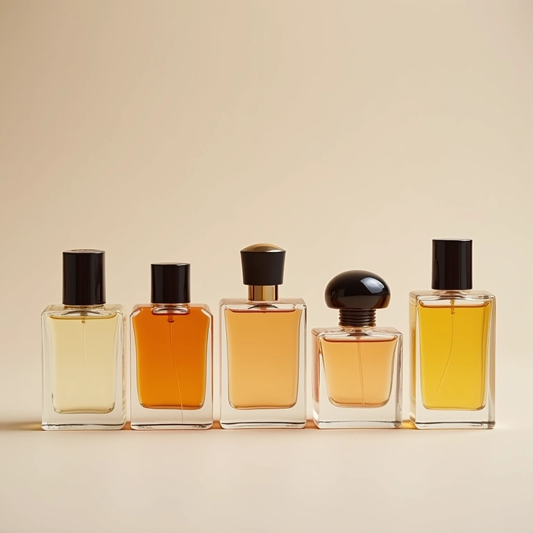 Frascos de perfumes de estilos variados em um fundo neutro.
