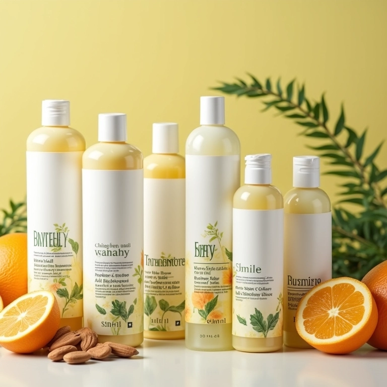 Frascos de shampoo alinhados, destacando ingredientes e rótulos.