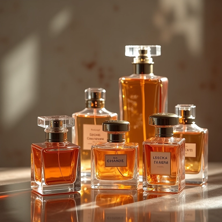 Frascos icônicos de perfumes importados dispostos em superfície refletora.