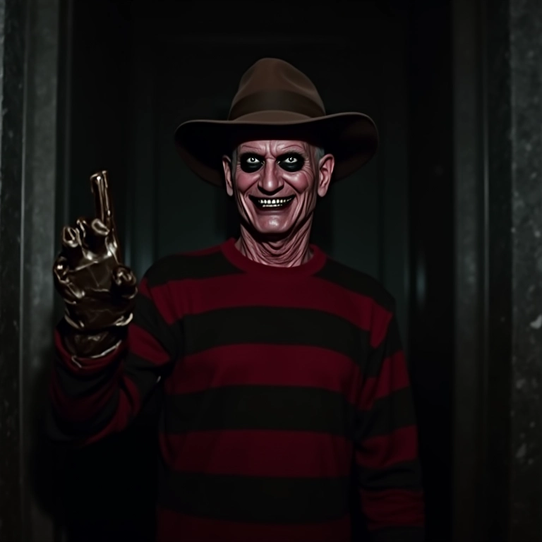 Freddy Krueger na sala da caldeira com sua luva de lâminas e sorriso ameaçador.
