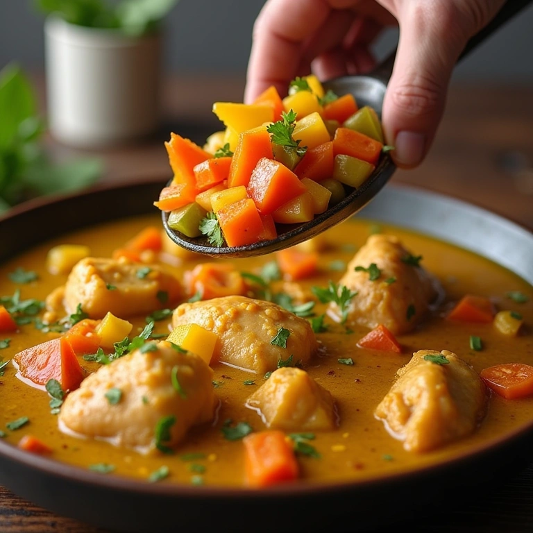 Frozen vegetables being added to light chicken curry, convenience, professional photography, 8K Legumes congelados sendo adicionados ao frango ao curry light.