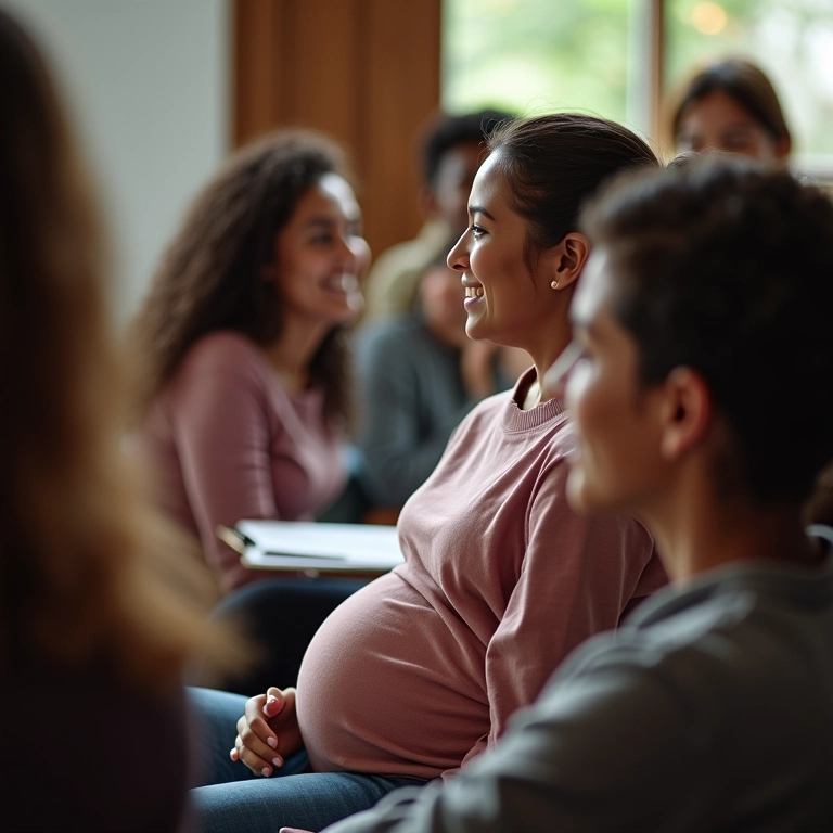 Futura mamãe participando de um curso para gestantes, cercada por outras mulheres.