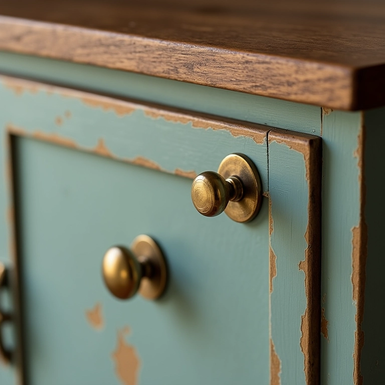 Gabinete vintage renovado com novos puxadores de latão, destacando os detalhes.