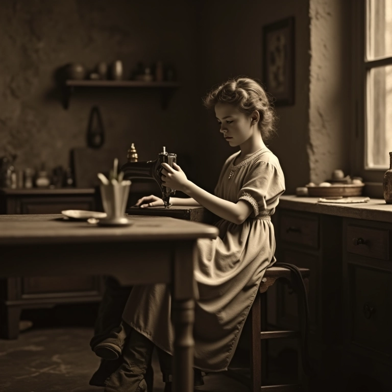 Gabrielle Chanel jovem costurando em seu ateliê.