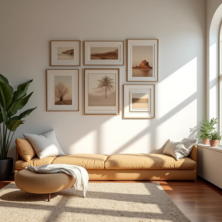 Galeria de parede harmoniosa com tema coeso e paleta de cores consistente.