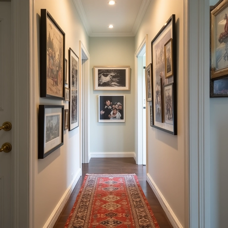 Galeria de quadros e fotos em um corredor estreito.