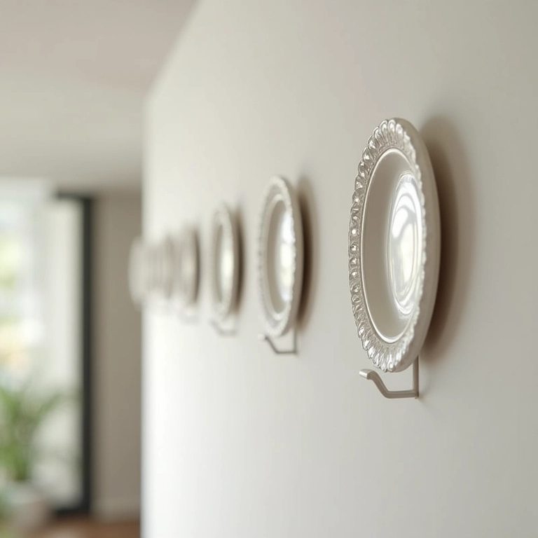 Ganchos adesivos fixando pratos na parede.