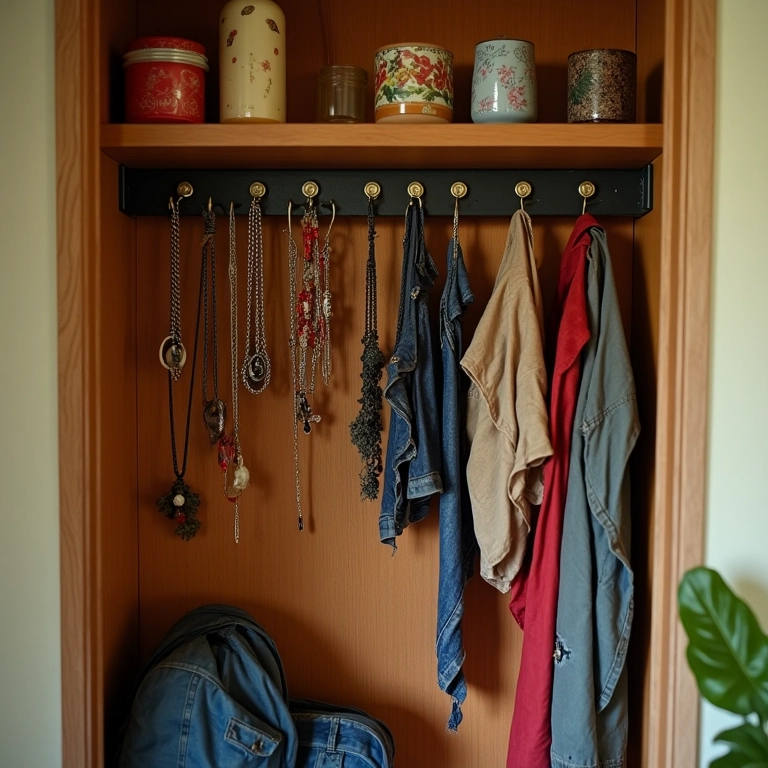 Ganchos e suportes para acessórios em closet pequeno.