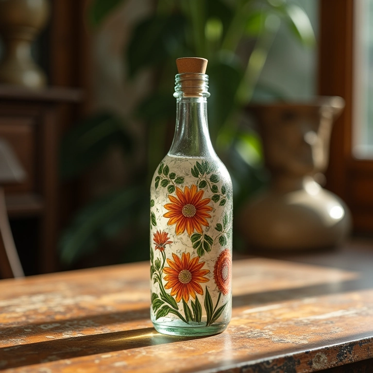 Garrafa de vidro decorada com decoupage em mesa vintage.