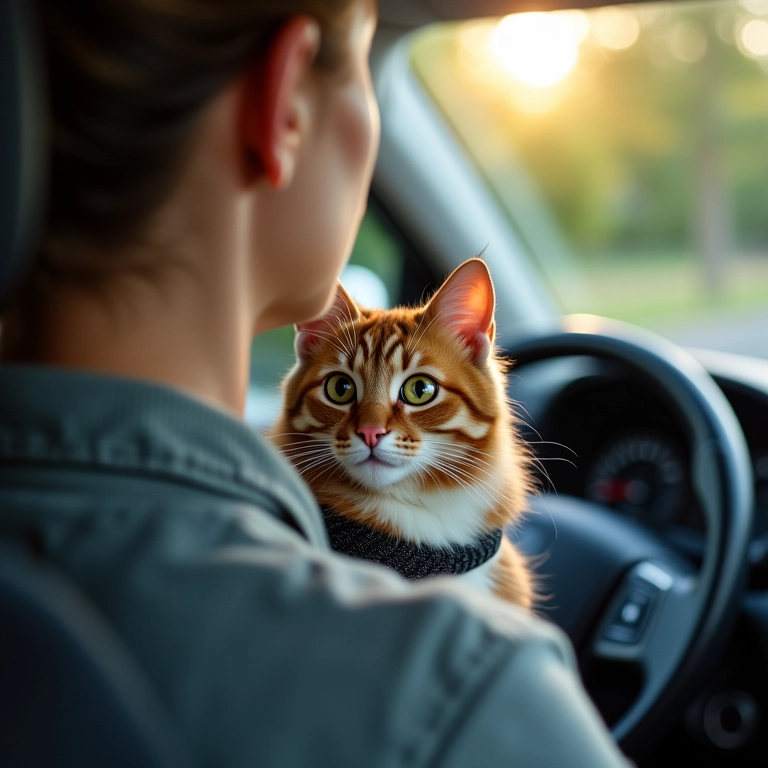 Gato em transportadora confortável dentro de um carro com mulher dirigindo com segurança.