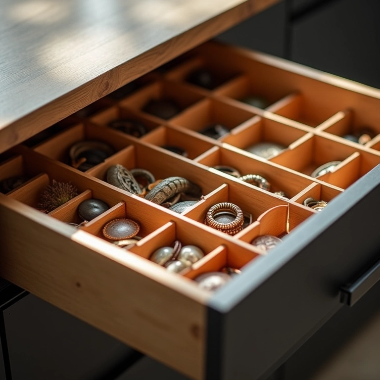 Gaveta com divisórias ajustáveis adaptadas para diferentes itens.