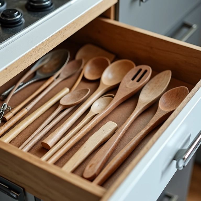 Gaveta com utensílios de cozinha organizados por categoria.