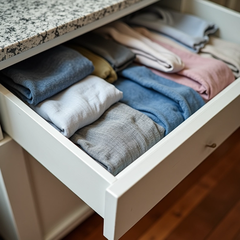 Gaveta organizada com roupas dobradas e diversos tipos de organizadores.