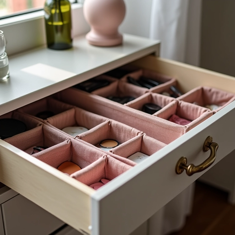 Gavetas de penteadeira organizadas com divisórias para maquiagem.
